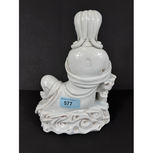 577 - A Chinese blanc de chine figure of Guanyin seated on cloud formation, height 23cm impressed mark to ... 