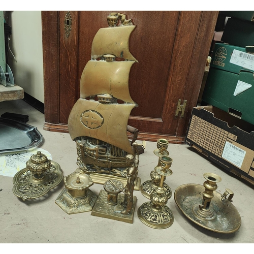 148 - An impressive brass ship door stop, brass ink well, Rococo style brass candle sticks others