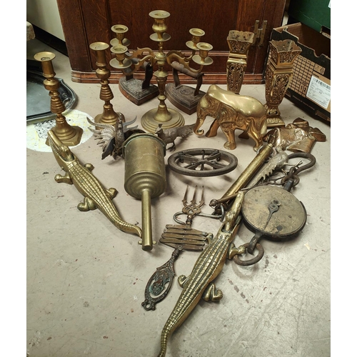 149 - A brass five branch candelabra, brass elephant, brass dog wall hanging crocodiles etc