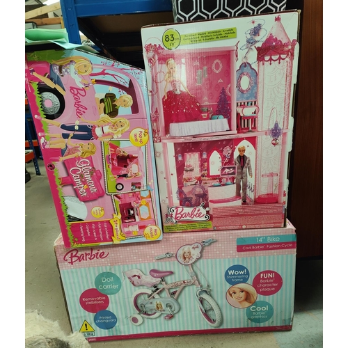 310 - Barbie: A boxed Barbie Glamour Camper 1972-2009; a Barbie Party Palace boxed, Barbie I'Cool Barbie F... 