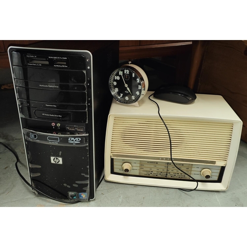 322 - A computer tower and screen etc and a vintage radio 