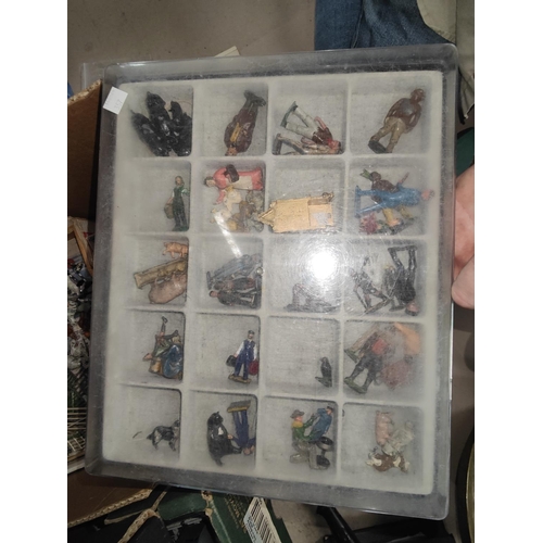 357 - LEAD SOLDIERS; lead farm animals, plastic soldiers - two trays - and related books.