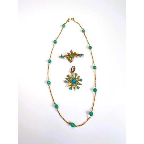 605 - A necklace set with green beads; a bar brooch with butterfly inset with seed pearls and turquoise; a... 