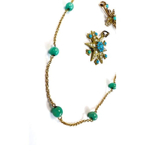 605 - A necklace set with green beads; a bar brooch with butterfly inset with seed pearls and turquoise; a... 