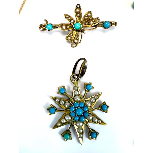 605 - A necklace set with green beads; a bar brooch with butterfly inset with seed pearls and turquoise; a... 