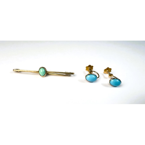 606 - A bar brooch and a pair of screw earrings stamped 9carat and set with turquoise; a ring set with see... 