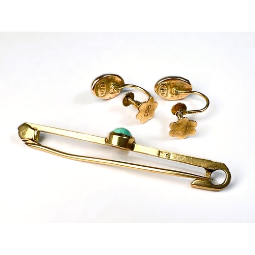 606 - A bar brooch and a pair of screw earrings stamped 9carat and set with turquoise; a ring set with see... 