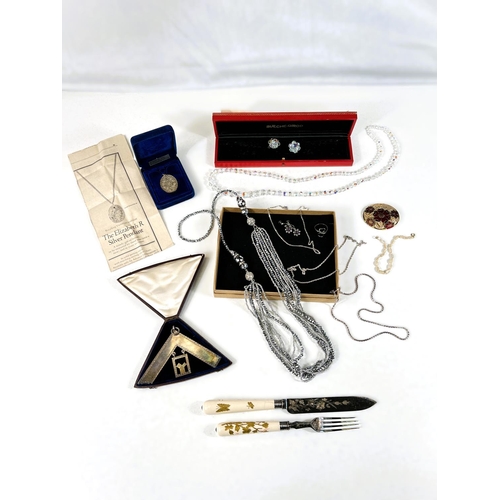 608 - An original boxed hallmarked silver Masonic set square and costume jewellery. Set square 7cm x 11.5c... 