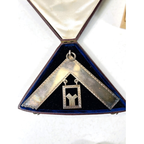 608 - An original boxed hallmarked silver Masonic set square and costume jewellery. Set square 7cm x 11.5c... 