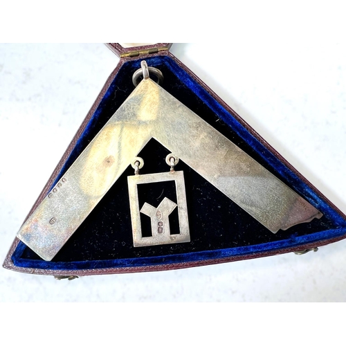 608 - An original boxed hallmarked silver Masonic set square and costume jewellery. Set square 7cm x 11.5c... 