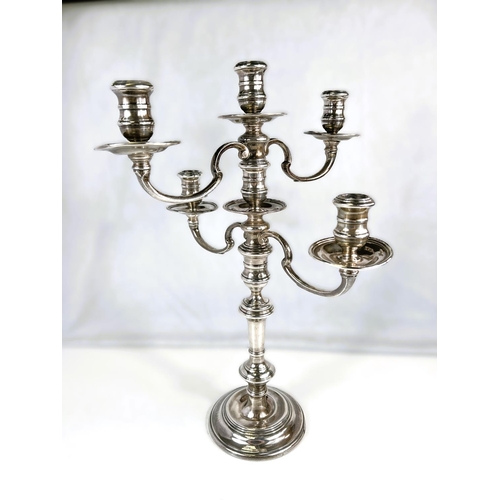 613 - A SILVER 4 BRANCH CANDELABRUM, plain ROCOCO design with C-scroll arms, maker R.C London, 1960. 38.2o... 