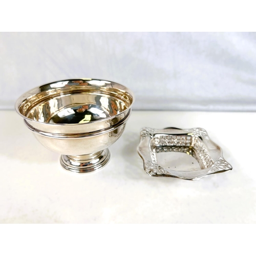 616 - A plain silver bowl on pedestal foot, Birmingham 1912, 2.7oz and a pierced square dish, 1919, 1.5oz&... 