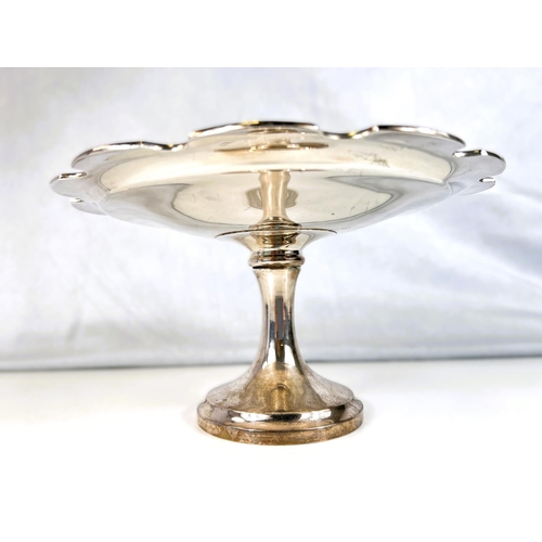 620 - A silver pedestal fruit dish with plain pie crust border, Birmingham 1931, 10.5oz (engraved inscript... 