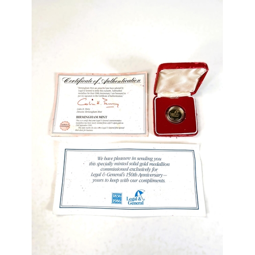 634 - A 9 carat Legal and General medallion, 7gms, cased with certificates.