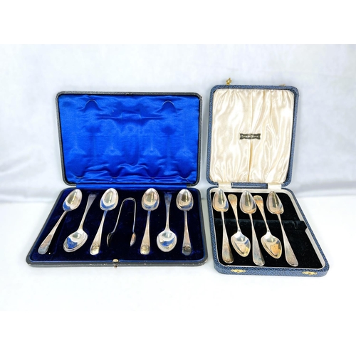 638 - A cased set of 6 monogrammed hallmarked silver teaspoons and tongs, Sheffield 1910; a part set of 5 ... 