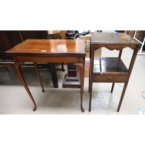 852 - A mahogany folding card table on cabriole legs with green baize interior; a 19th Century mahogany tw... 