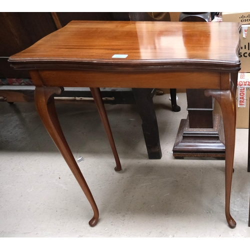 852 - A mahogany folding card table on cabriole legs with green baize interior; a 19th Century mahogany tw... 