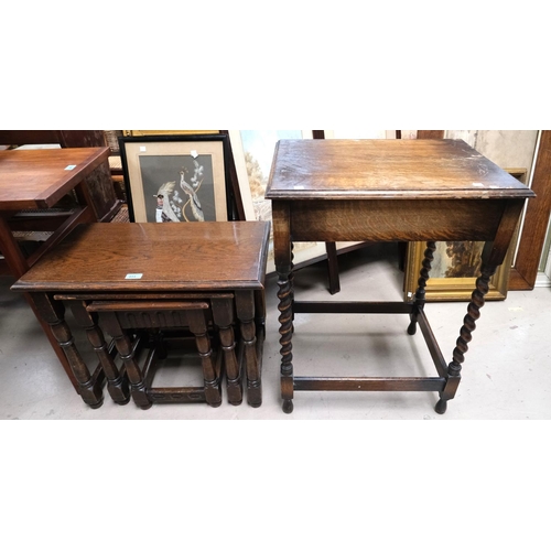 854 - A nest of three oak occasional tables, a barley twist occasional table and a bobbin leg stool.