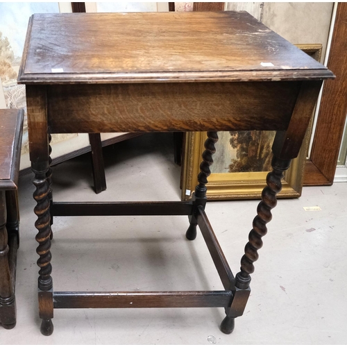 854 - A nest of three oak occasional tables, a barley twist occasional table and a bobbin leg stool.