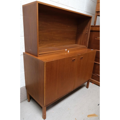 859 - A mid 20th Century teak side cabinet with double doors; a teak two height wall hanging shelf unit.