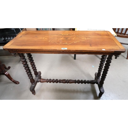 954 - A Victorian walnut stretcher table with floral inlay and bobbin turned legs.