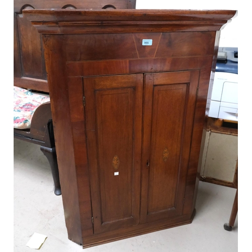 955 - A Georgian straight front mahogany two-door corner cupboard with ebony and boxwood and Sheraton styl... 