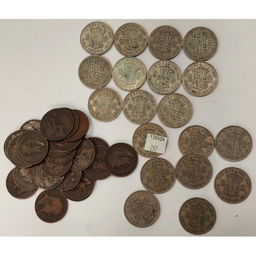 297 - 11 pre 1947 half crowns and a selection of bronze pennies