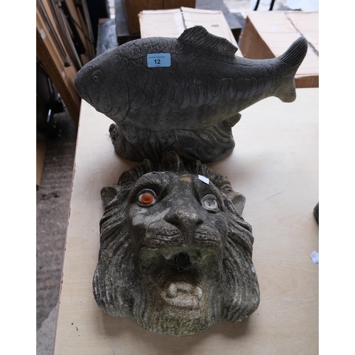 12 - A garden lion/fountainhead; a reconstituted stone carp.