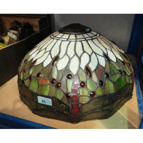 66 - A Tiffany style lampshade, dragonfly design in cream and green, diameter 38cm (some damage to glass ... 