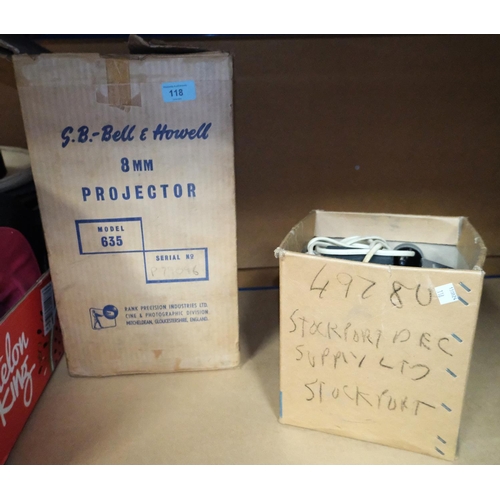 118 - A boxed Bell and Howell 8mm projector model 635, another projector, etc.