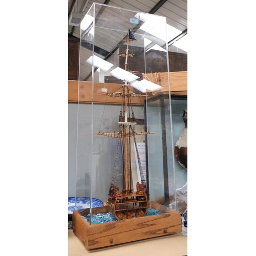 127 - A lateral display of a section of an American sailing ship in perspex case. 88 x 36 x 24cm