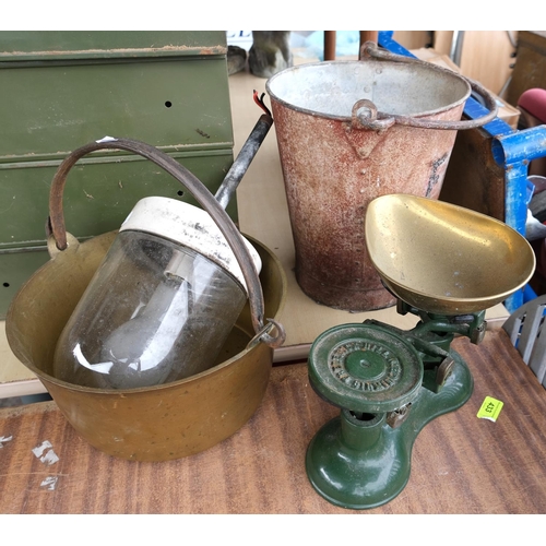 143E - A brass jam pan metal bucket, scales and an unusual industrial light.