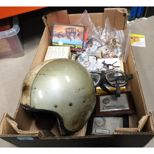 146 - A vintage motorbike helmet, goggles etc and miniature toy soldiers, games etc.