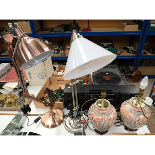 152 - Two anglepoise lamps, two ceramic table lamps, box of lightbulbs.