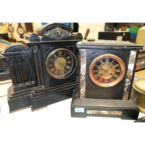 174 - A 19th century architectural slate mantel clock and another smaller slate mantel clock with marble i... 