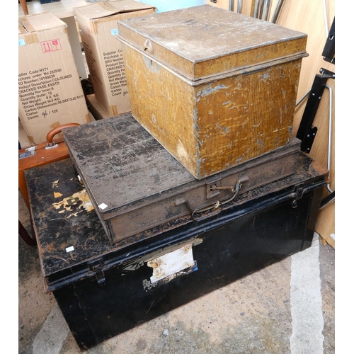 9A - A large metal tin trunk, two smaller and two cases.