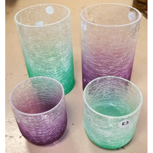 71 - 12 large and 24 crackle glass candle holders / vases, green  and purple, boxed