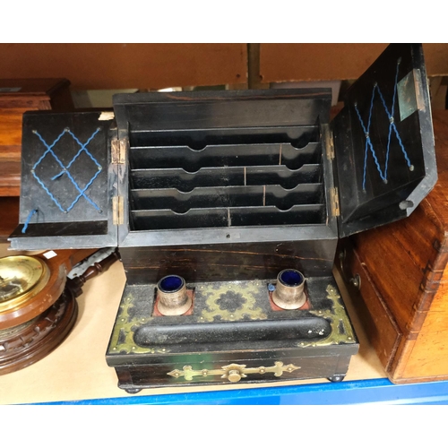 181 - A Corinthian wood and brass bound letter rack/ desk organiser with folding compartment above pen and... 