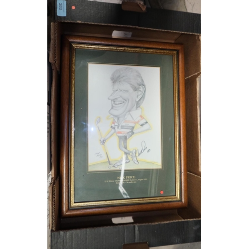 203 - Three golfing caricature cartoons, Nick Faldo etc, framed and glazed.