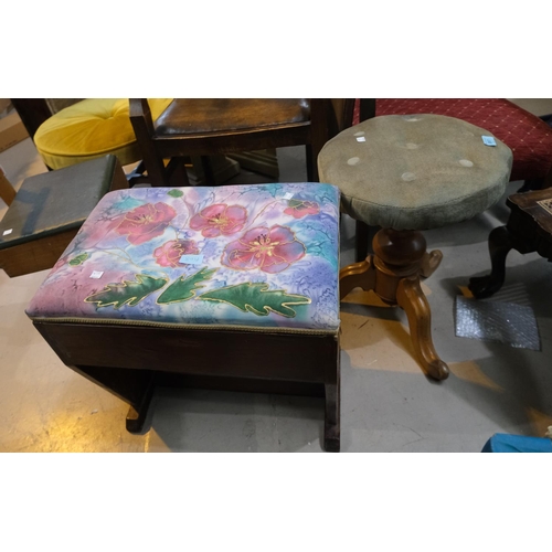 897A - A mushroom top piano stool, another with bergère top (a.f) and another 2 stools