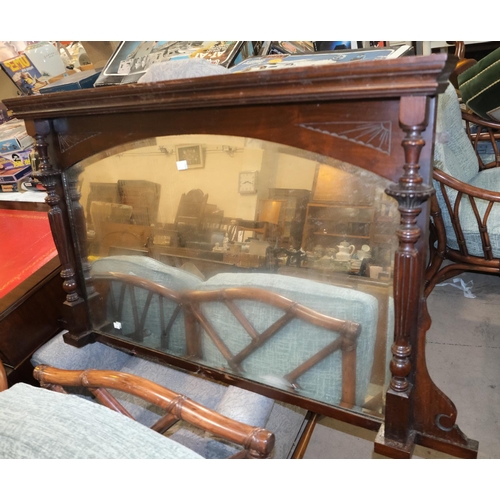 957 - An oval mahogany occasional table on oak turned column and splay feet; a small overmantel mirror wit... 