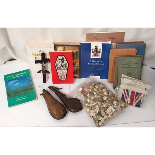 264 - A large selection of military buttons, powder flasks etc