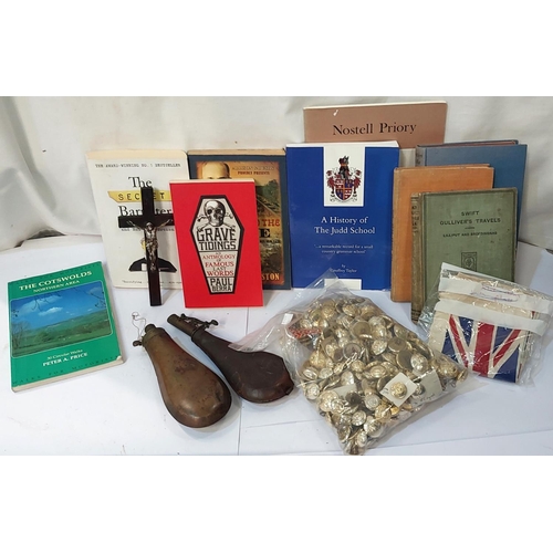 264 - A large selection of military buttons, powder flasks etc