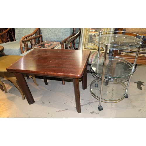 878B - A Chrome three height stand and a stained wood Danish Coffee table