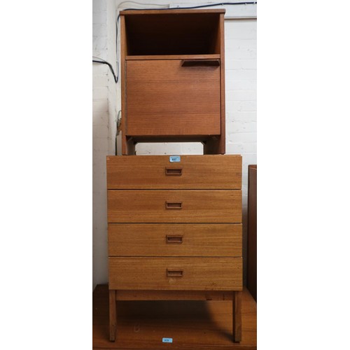 863 - A mid 20th Century teak four height chest and a similar teak bedside cabinet with cupboard and open ... 