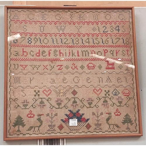 13A - A framed early 19th century alphabet sampler, Mary Jane Green 1859.