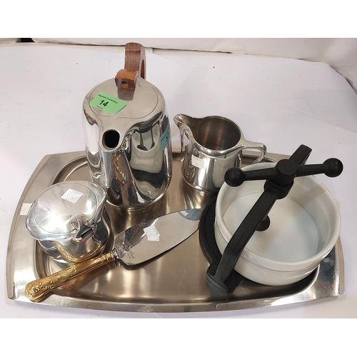 14 - A Piquot 3 piece coffee service; a stainless steel tray and a Tung Press.