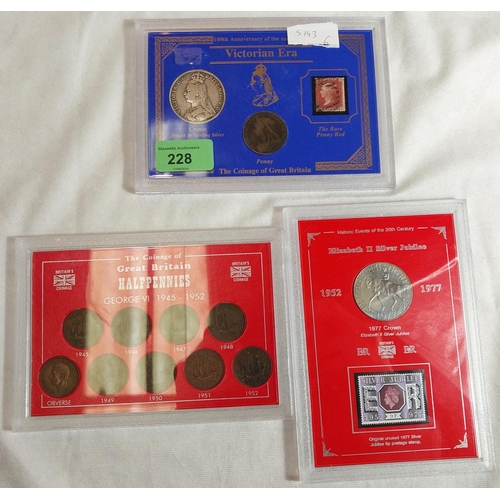 228 - A QV Crown 1891, with penny and stamp, cased; GVI half-pennies and a 1977 crown and stamp (both case... 