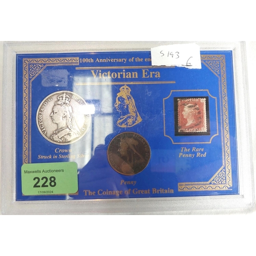 228 - A QV Crown 1891, with penny and stamp, cased; GVI half-pennies and a 1977 crown and stamp (both case... 