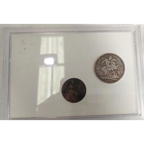 228 - A QV Crown 1891, with penny and stamp, cased; GVI half-pennies and a 1977 crown and stamp (both case... 